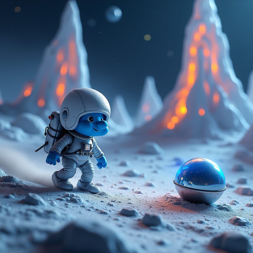 Smurf Astronaut Landing on Moon in Sci-Fi Style
