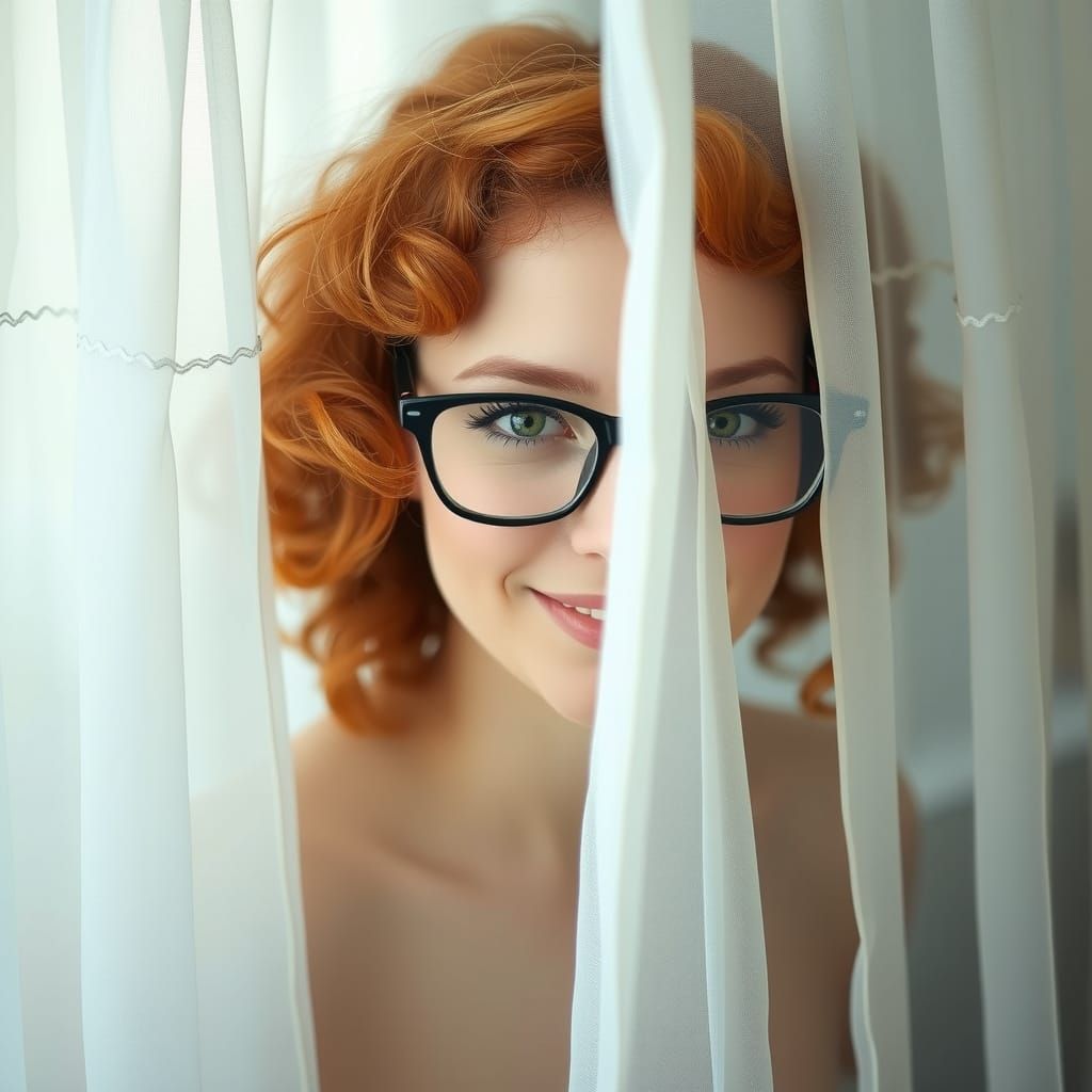 Mysterious Woman Peeks Through Gauze Curtain