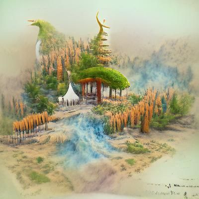 Simorgh Phoenix in Forest: Digital Art Watercolor Sketch