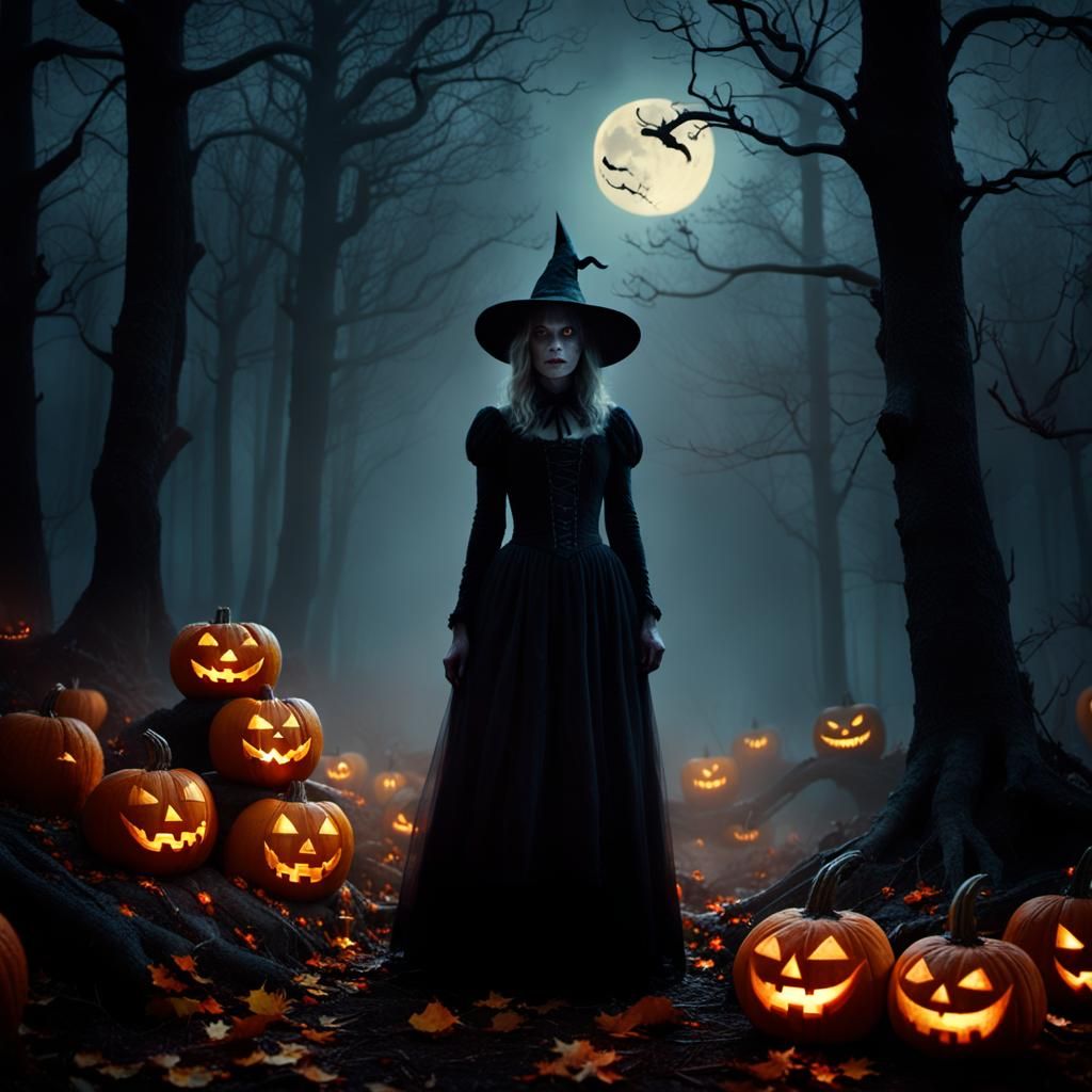 Eerie Witch in Forest with Jack-o'-Lanterns