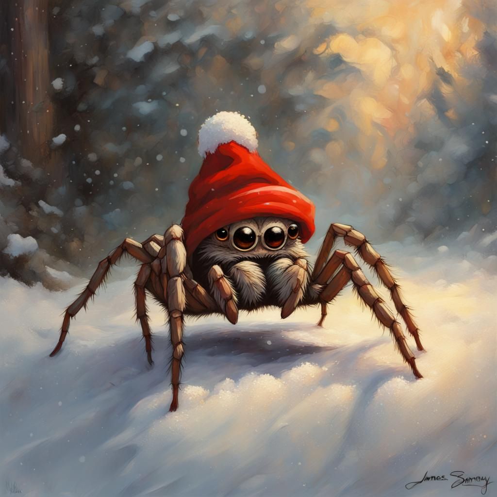 A painting of a spider wearing a santa hat...
