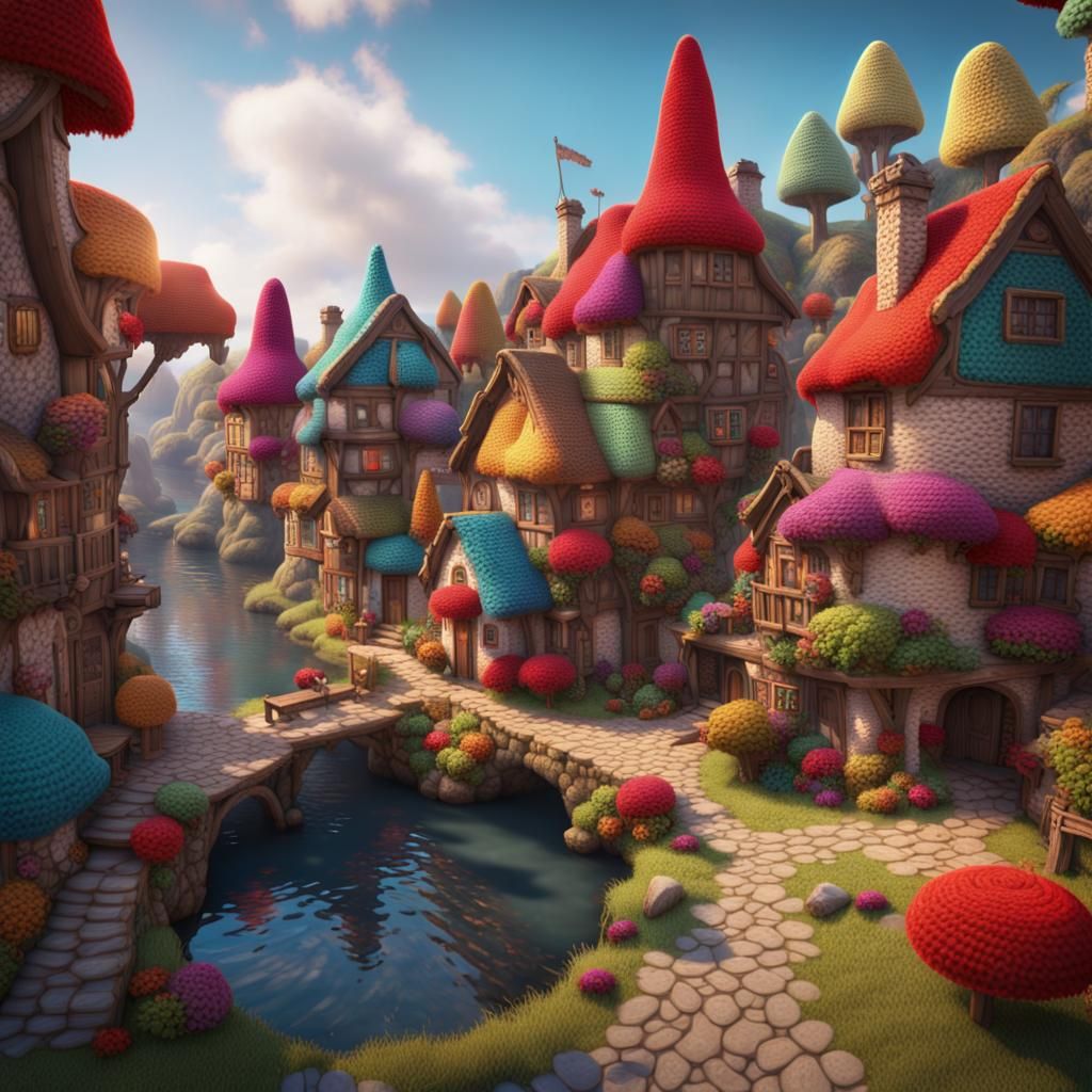 Colorful Crocheted Village: Detailed Matte Painting