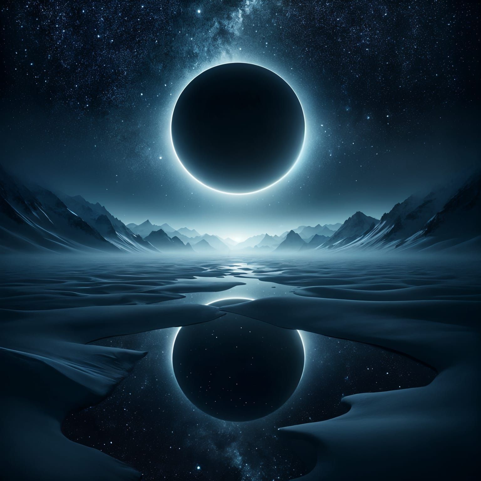 Dark Moonlit Winter Landscape in a Serene Atmosphere