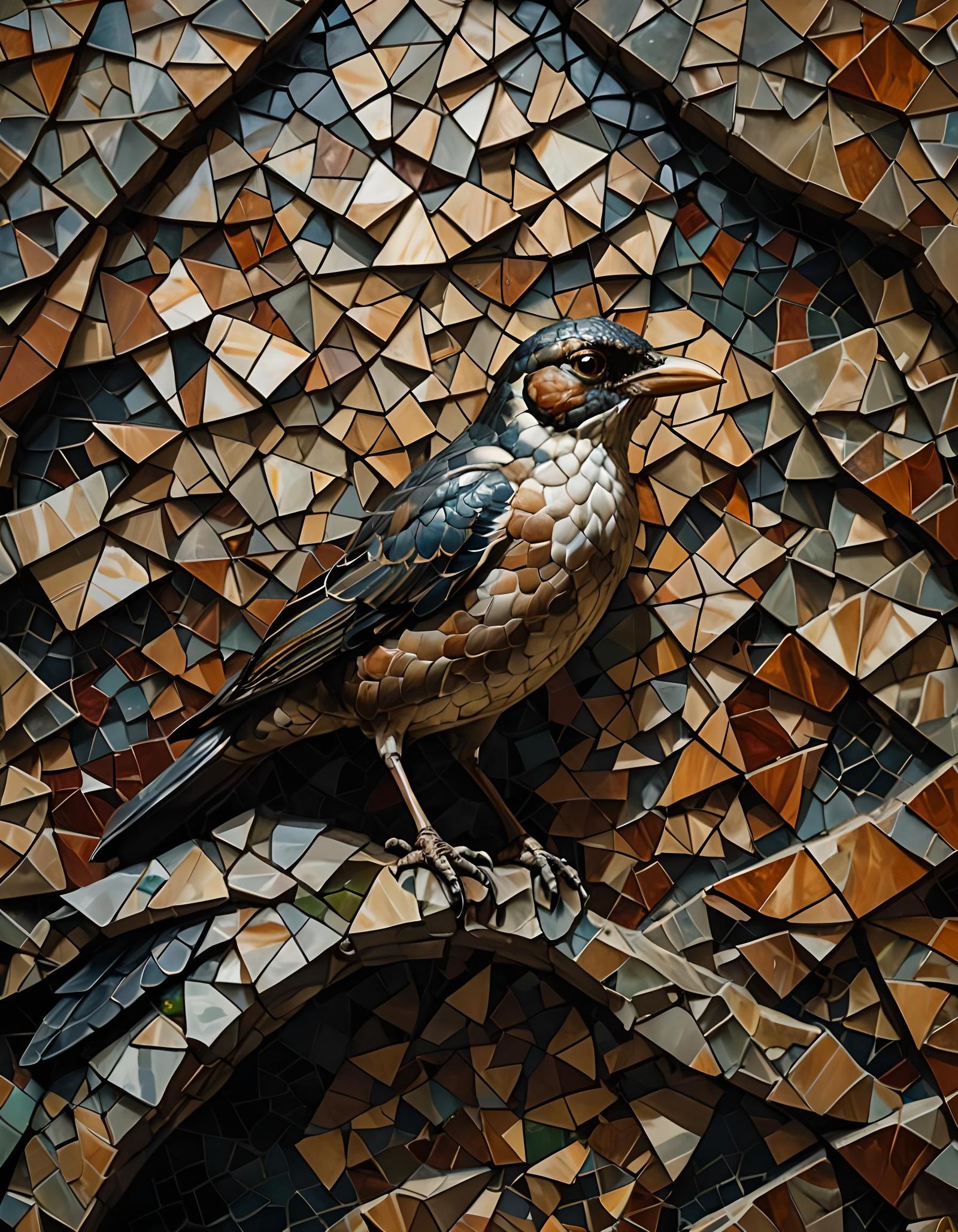 Camouflaged Bird in Mosaic Wall, Rockwell Style