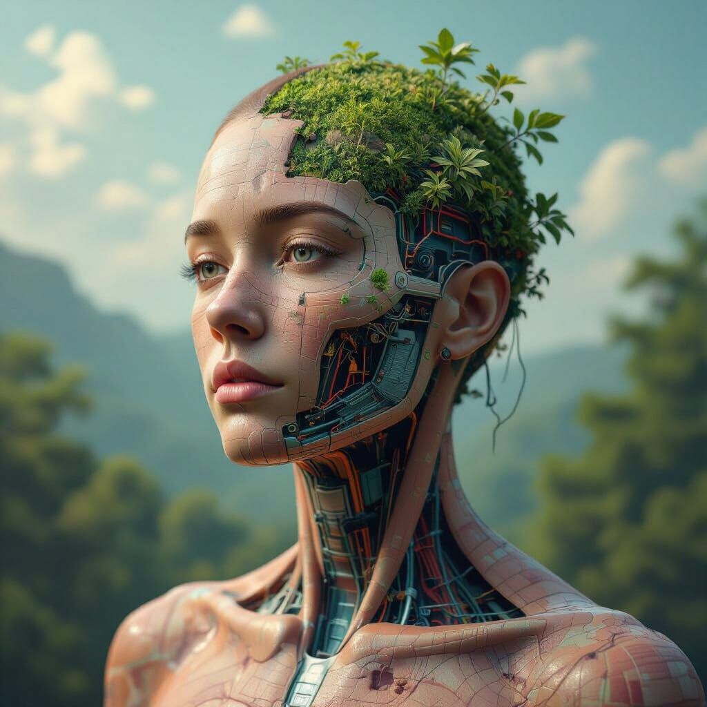 Surreal Human Face Layers: Skin, Circuits, Ecosystem