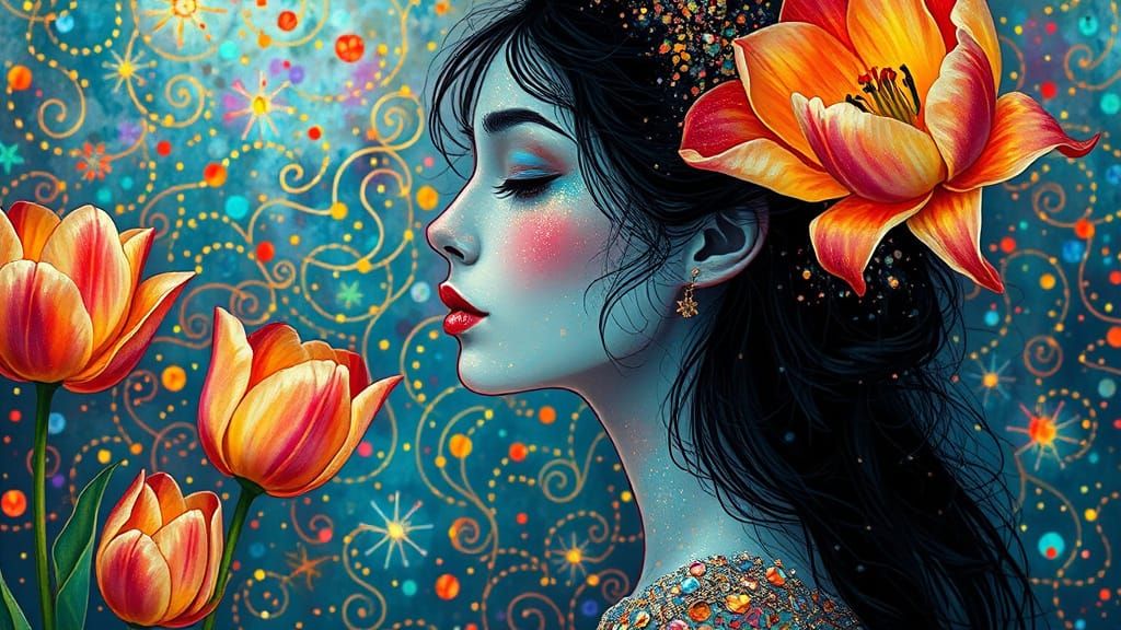Woman in Iridescent Opal and Whirling Tulips, in the Style o...