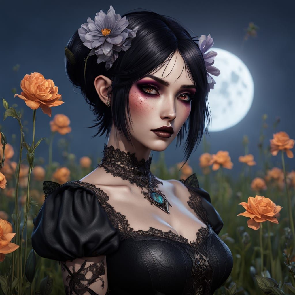 Gothic Anime Goddess Picks Flowers in Moonlit Hyrule Field