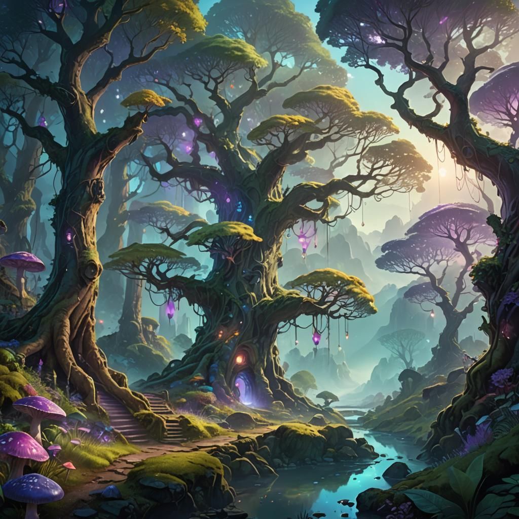 Magical Forest with Glowing Tree: Fantasy Matte Painting