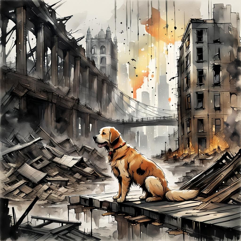 Golden Retriever in Post-Apocalyptic London: Watercolour Art