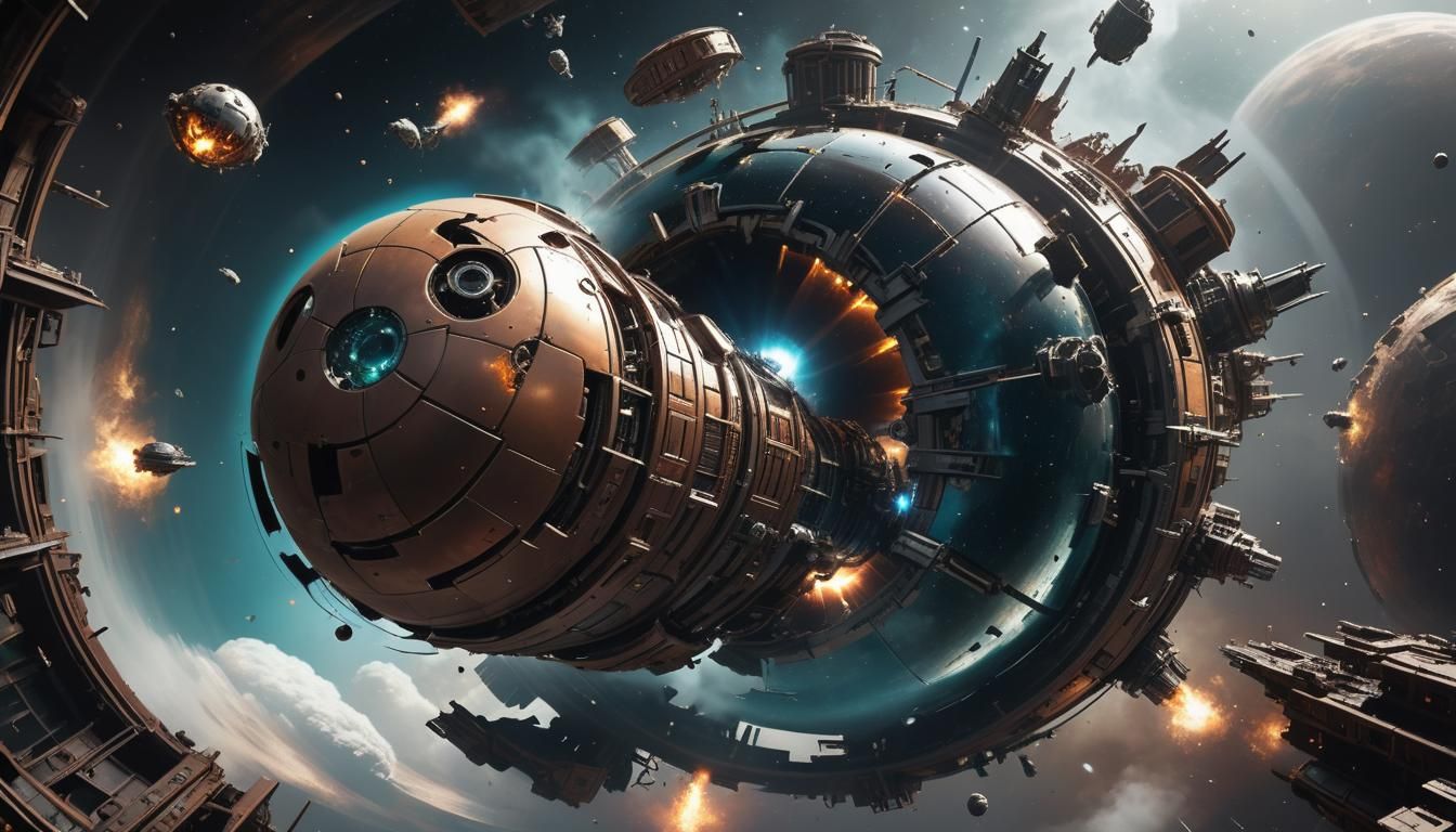 spacecraft, traveling in space getting torn apart by excessi...