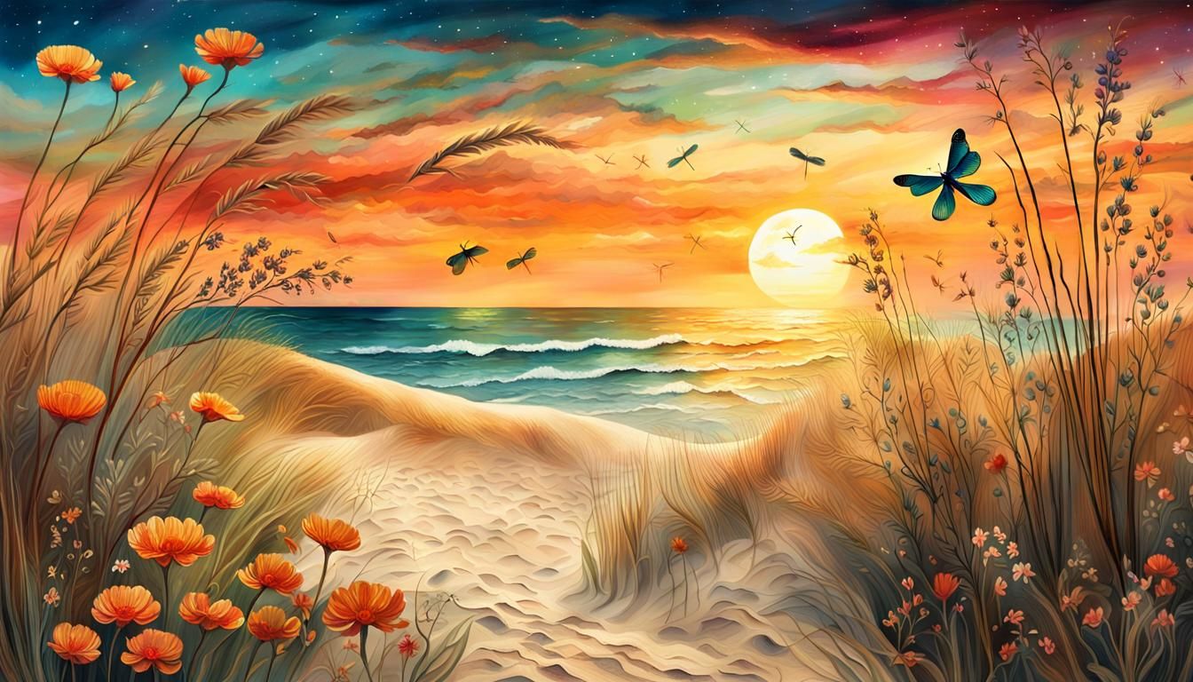 Beach Sunset Collage with Dragonflies and Wild Grasses