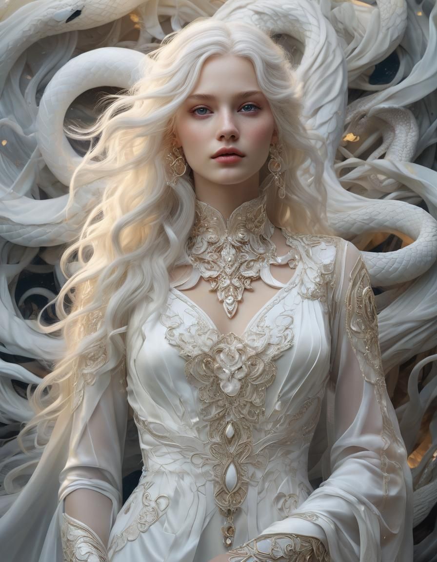 Classical Beauty with White Snake in Splash Art