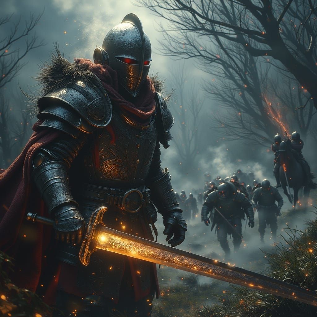 Warrior King Battles Ethereal Creatures on Misty Field