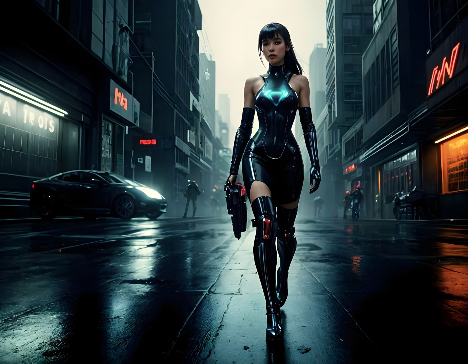 Cyberpunk Femme Fatale in Neon Cityscape