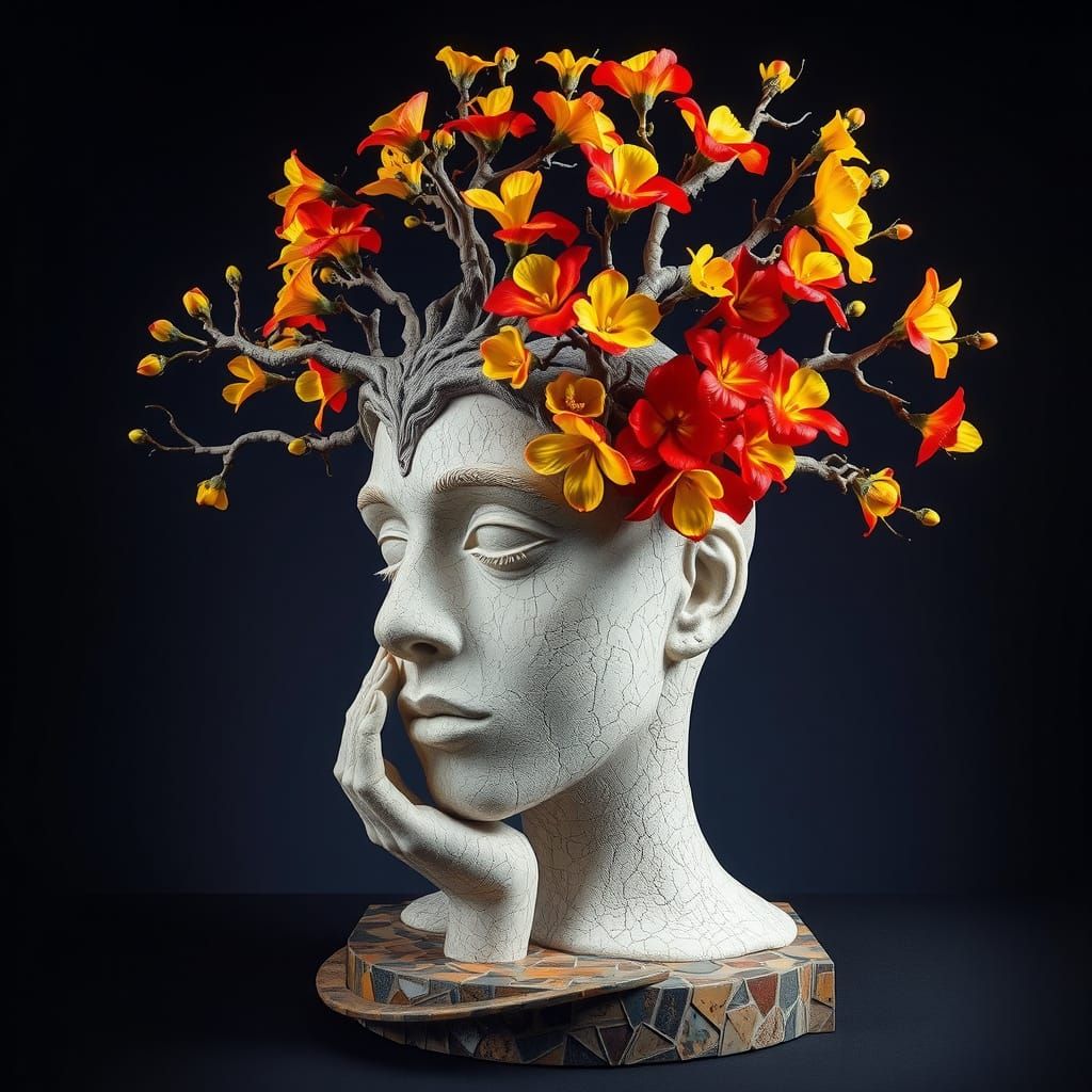 Surreal Stone Sculpture: Tree Branches & Flowers