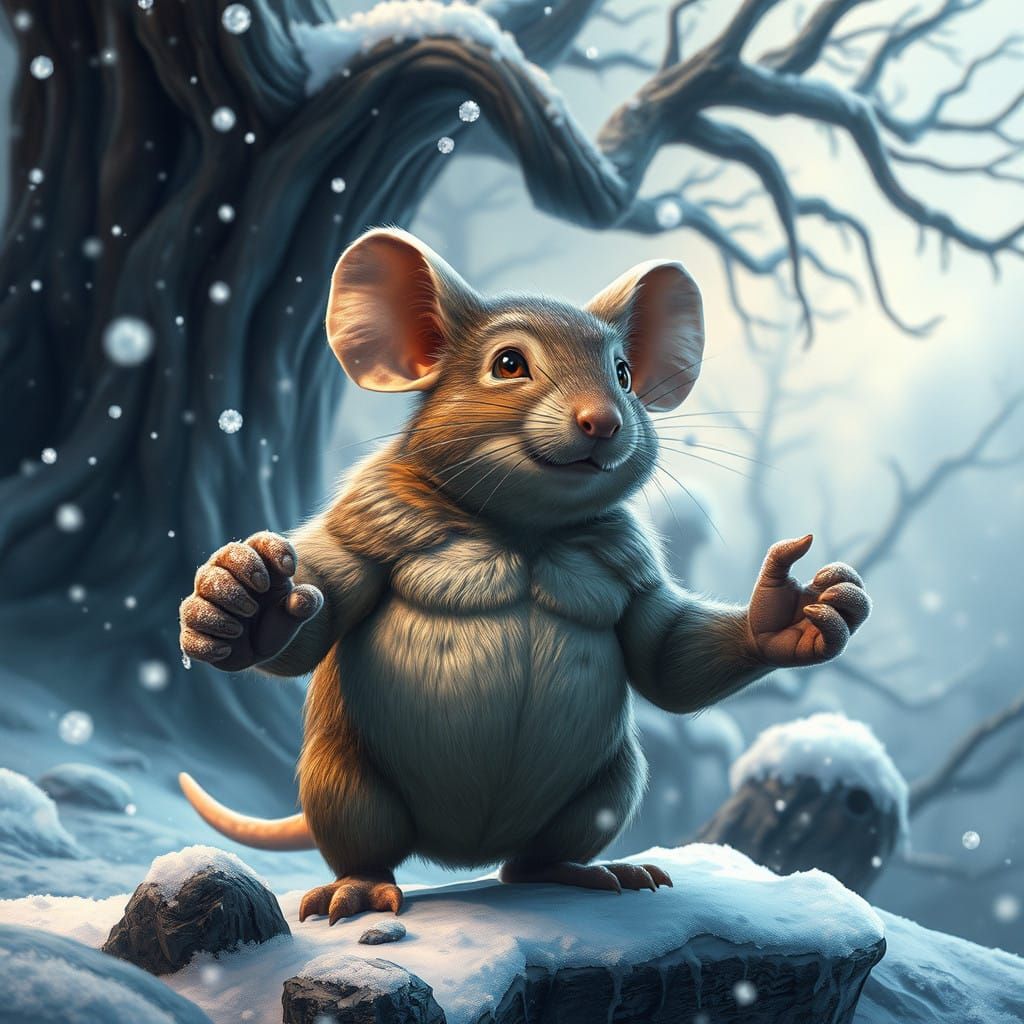 Heroic Mouse Amidst Whimsical Snowfall in a Mystical Forest