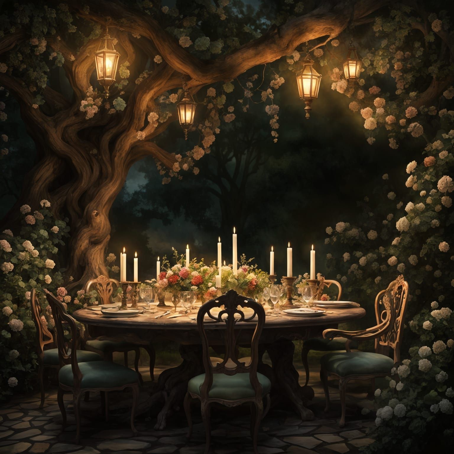 Rococo Dining in Overgrown Candlelit Garden