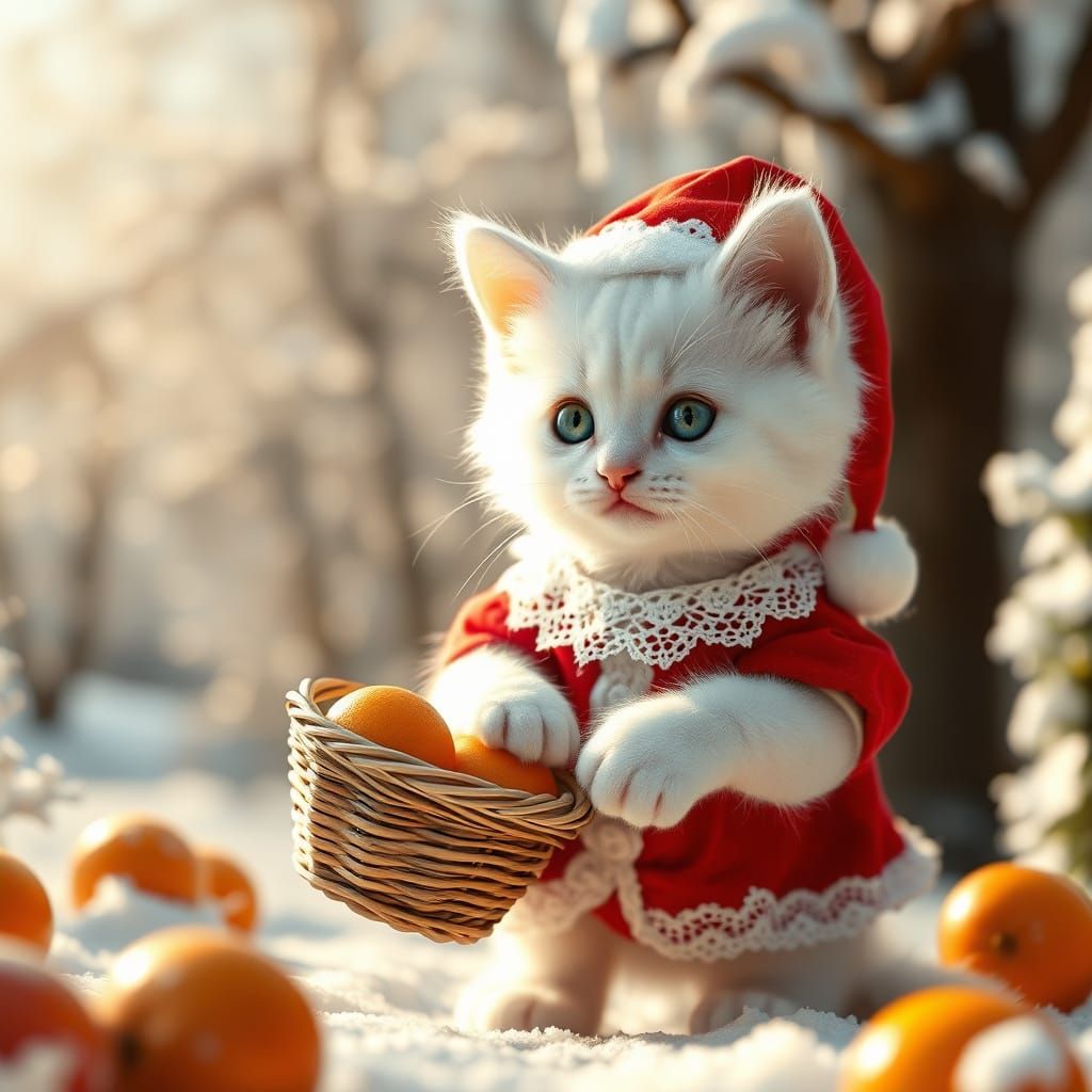 Cute Kitten in Santa Outfit in Winter Garden