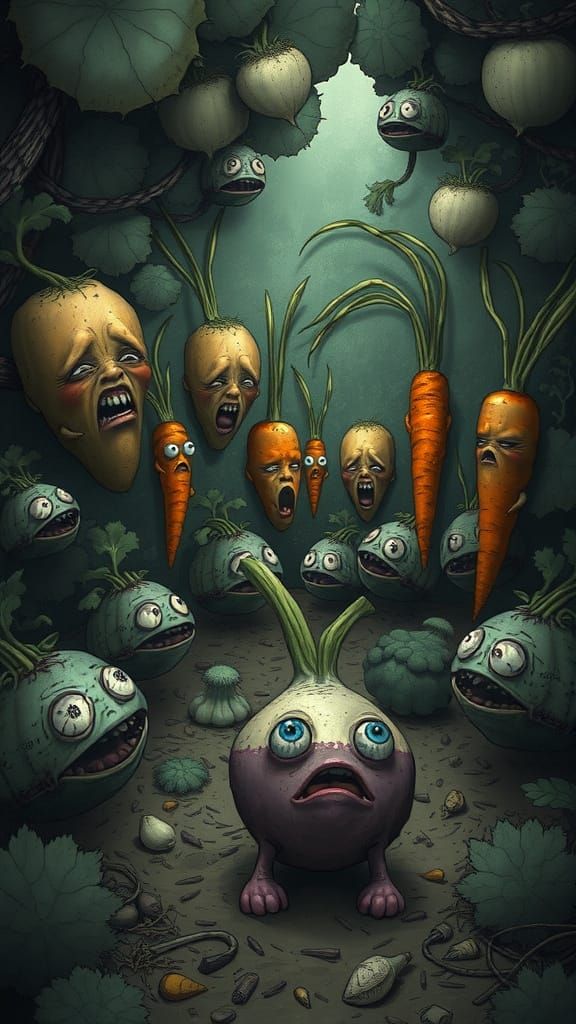 Eerie Underground Garden with Humanoid Vegetables