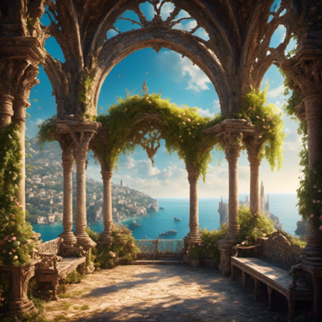 Medieval Castle Gardens with Cinematic Sea View