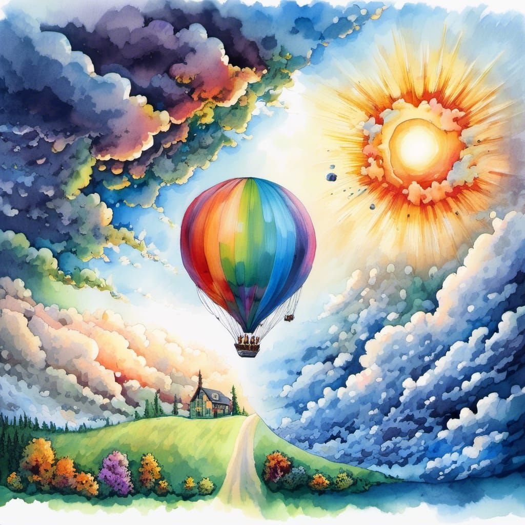 Watercolor Hot Air Balloon Rainbow Amidst Weather Clash