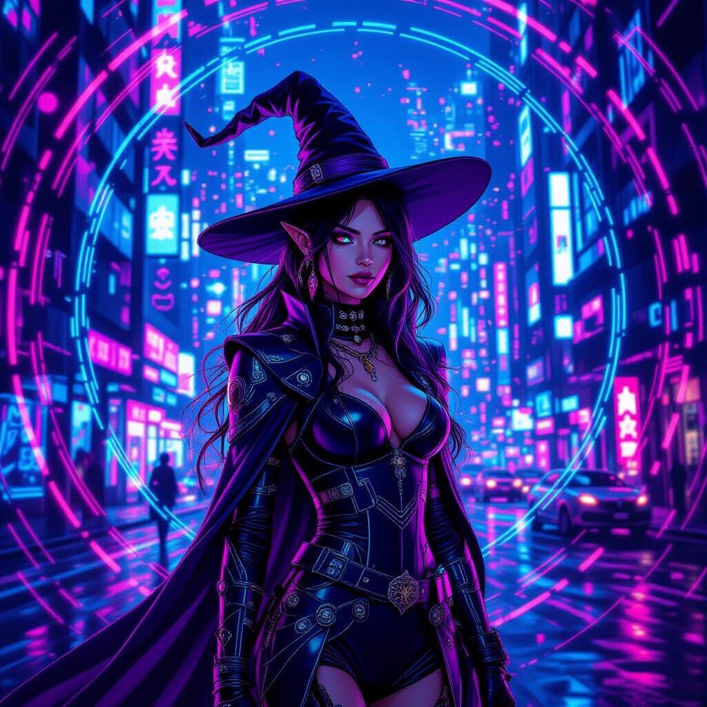 Neon Elf Witch in Cyberpunk Psychedelic Cityscape