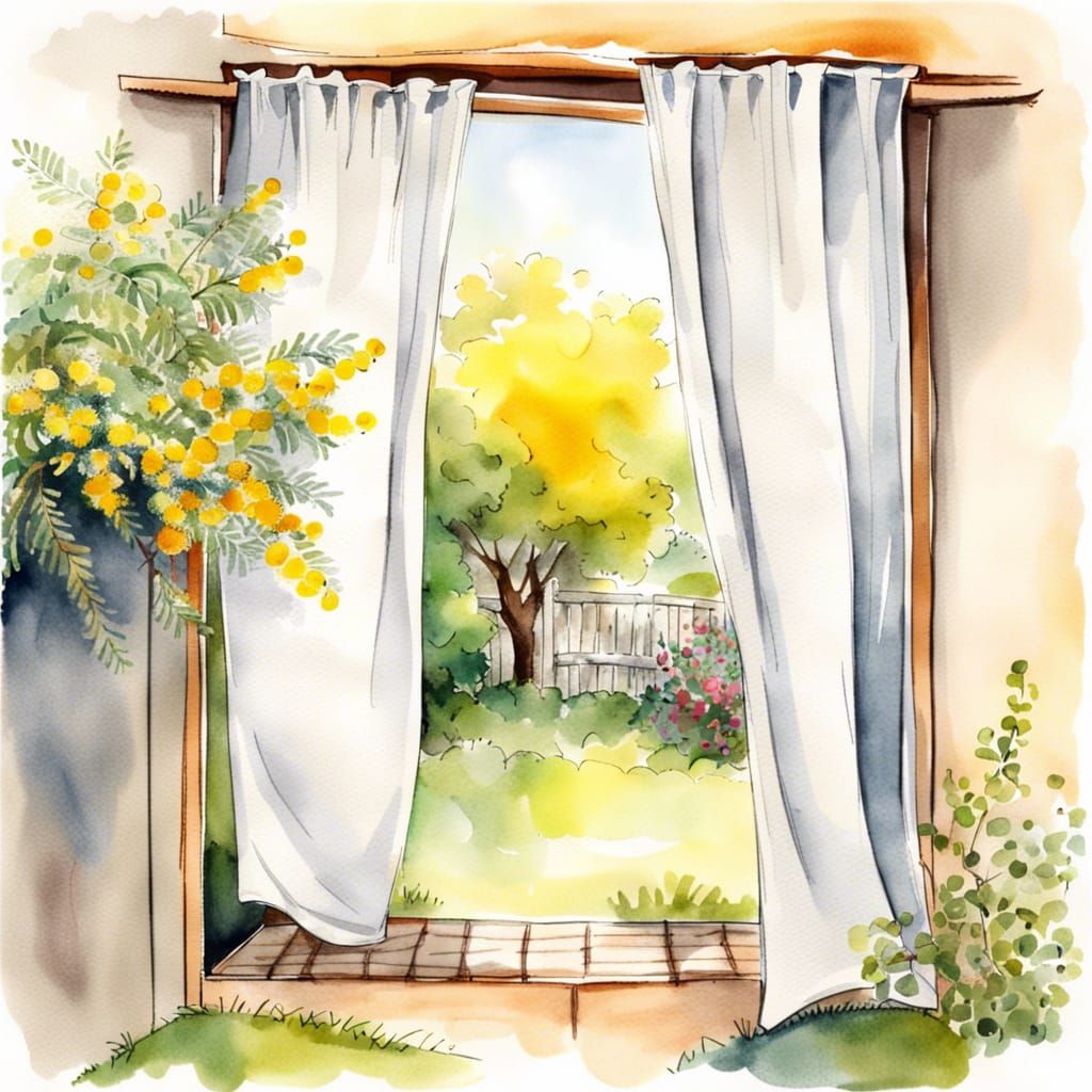 Garden View Through Window: Watercolor and Ink
