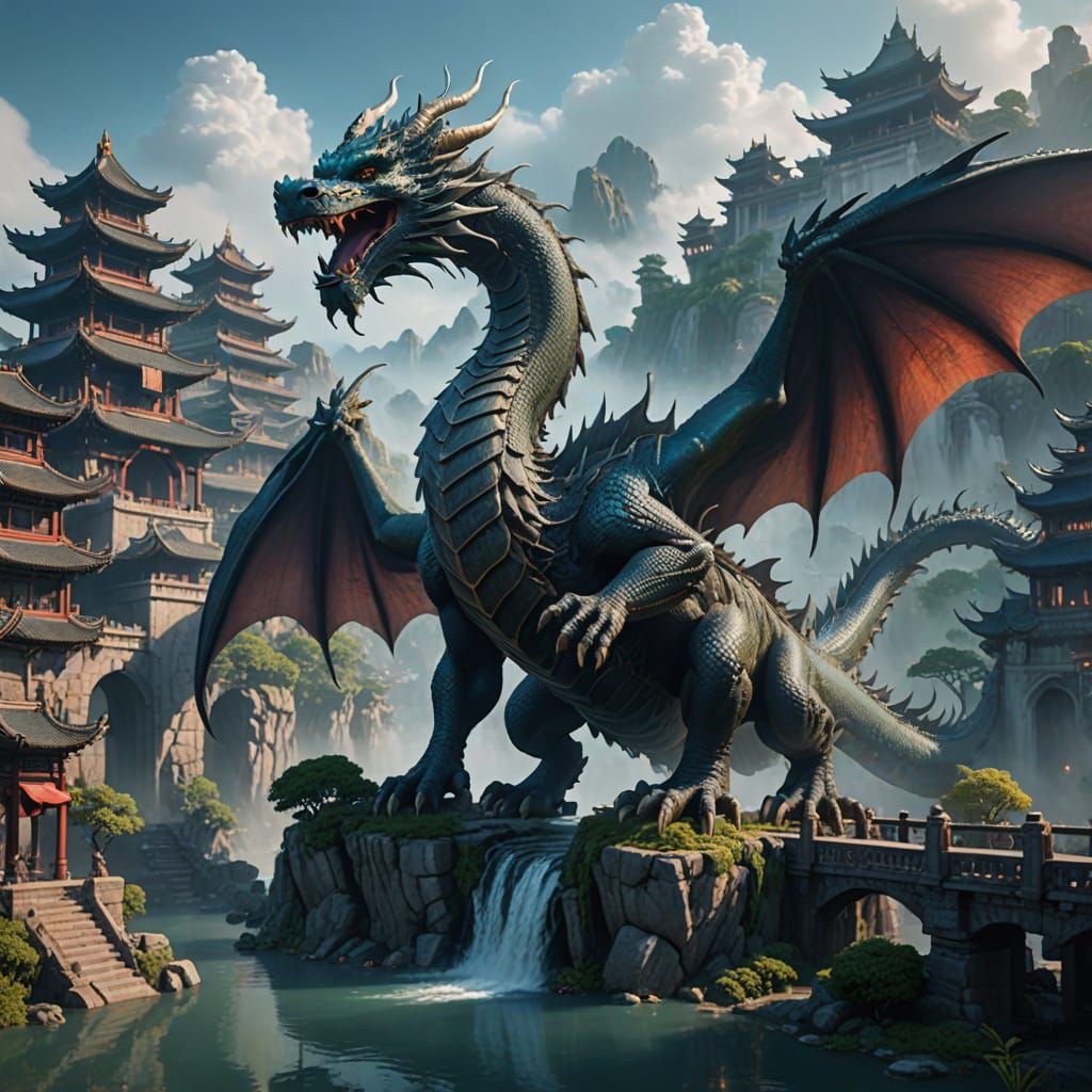 Ethereal Fantasy Dragon Guards Ancient City on Floating Isla...
