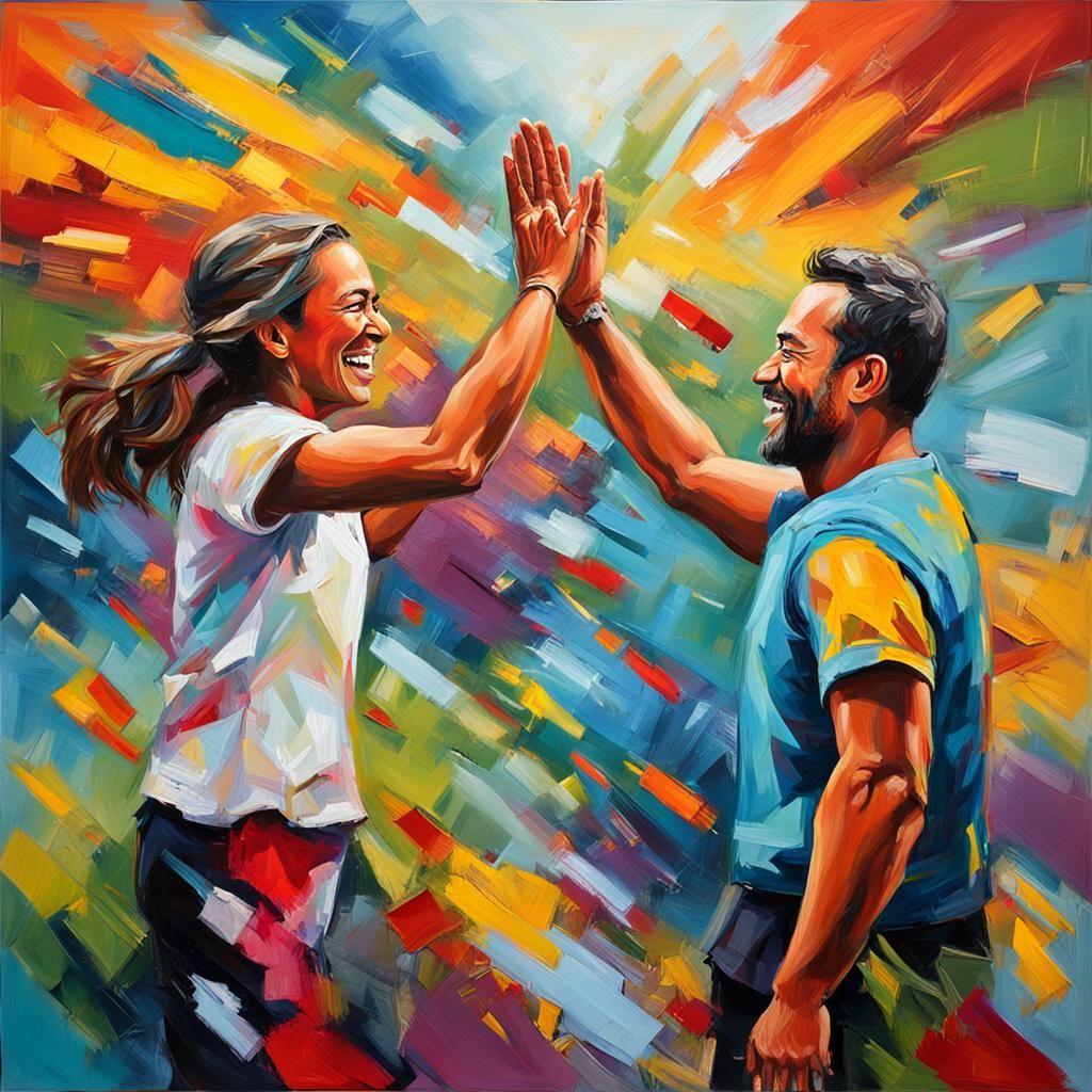 Joyful Couple High-Five in Expressionistic Oil Painting