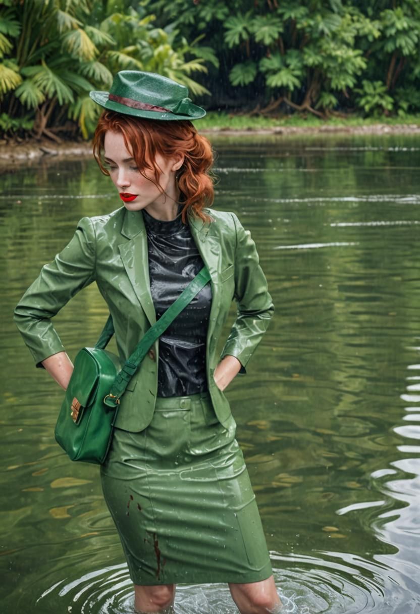 Glamorous Women in Green Suits Standing in Water