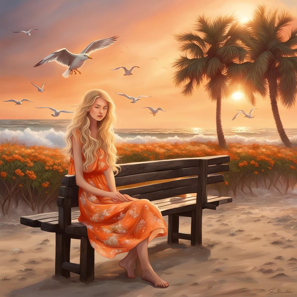 Sunset Beach Scene with Woman in Floral Dress