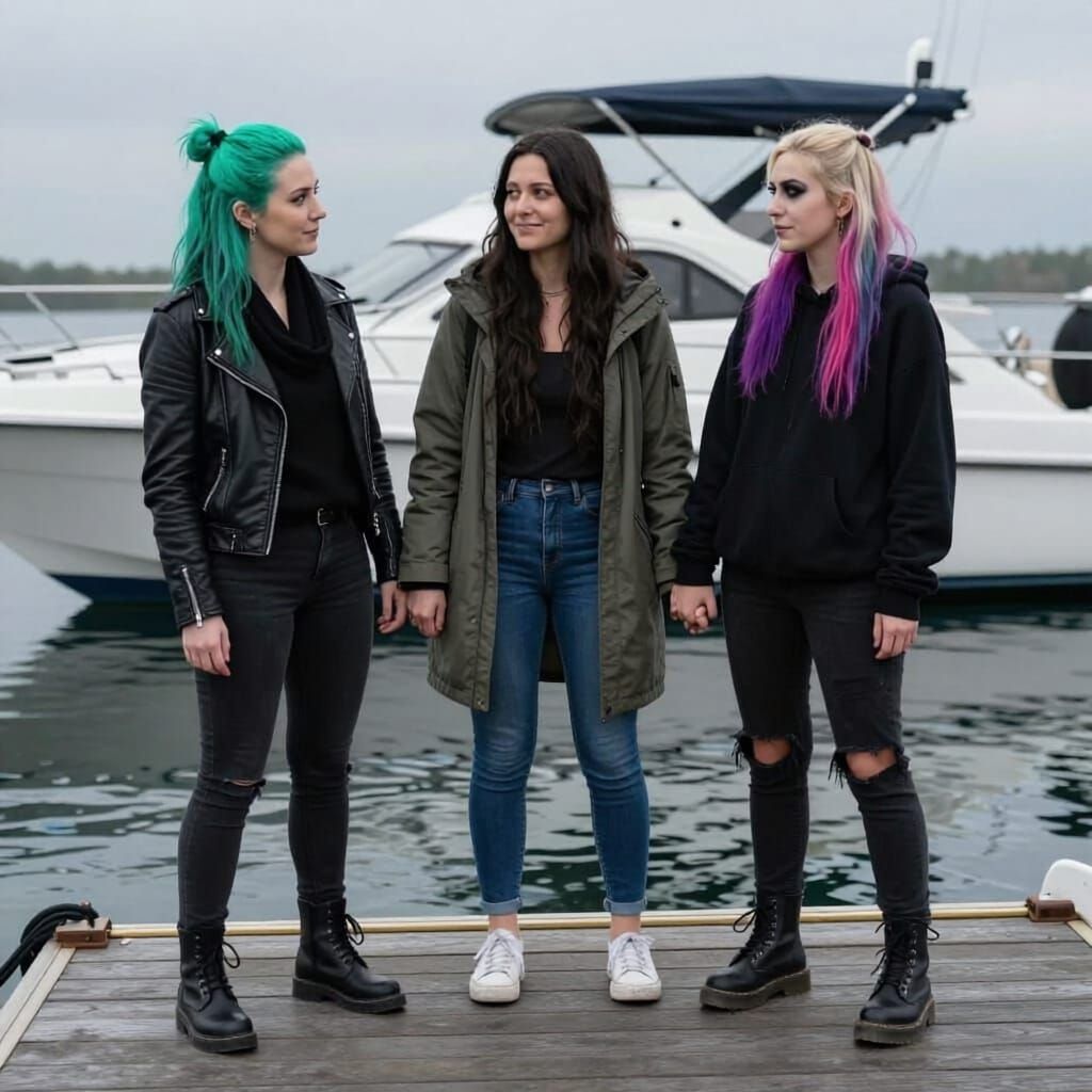 Three Women Chatting on a Dock in Studio Quality Photo