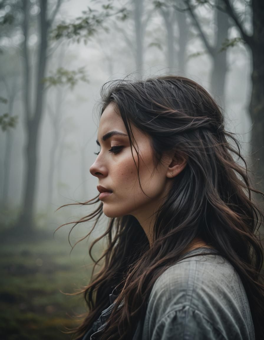 Ethereal Portrait of Woman in Fog, Cinematic Lighting