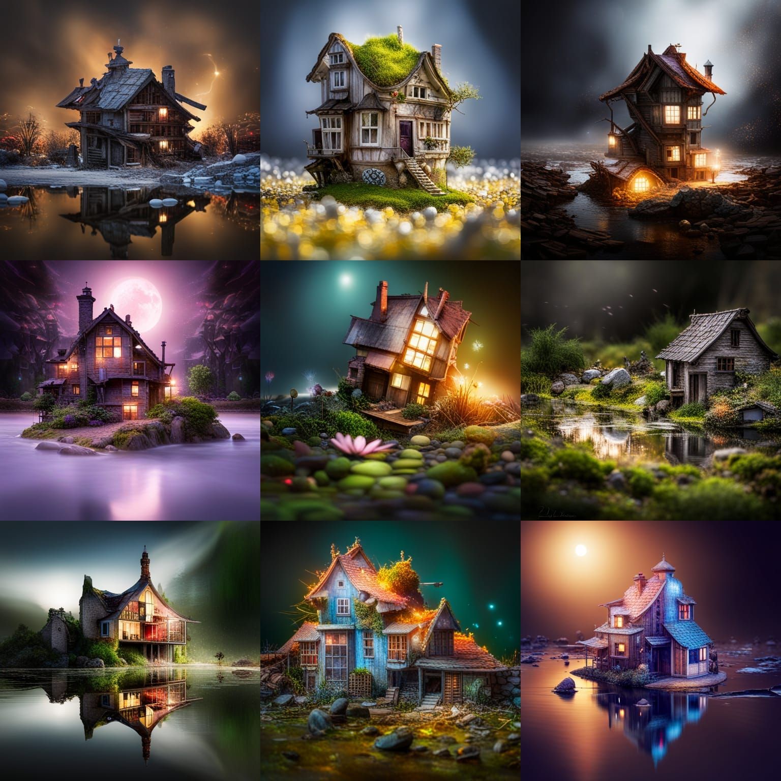 An exploded magical house with pond, a glass phenomenon ordered the chaotic surface, power control, the last attempt, sh...