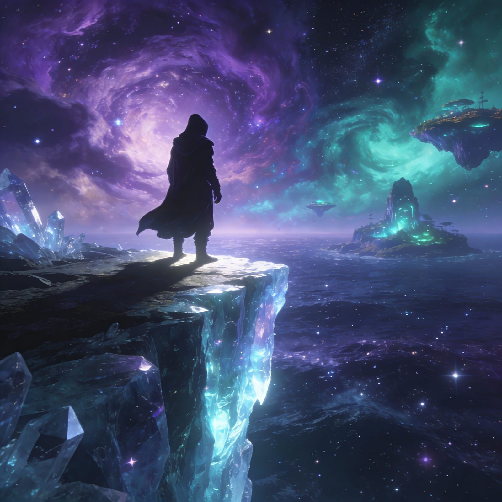 Hooded Figure on Crystal Cliff Overlooking Star Ocean