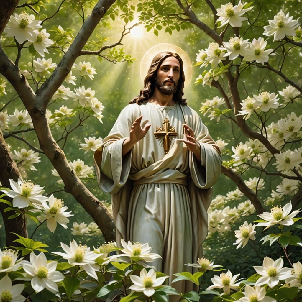 Jesus After His resurrection, in field with Dogwood Trees.