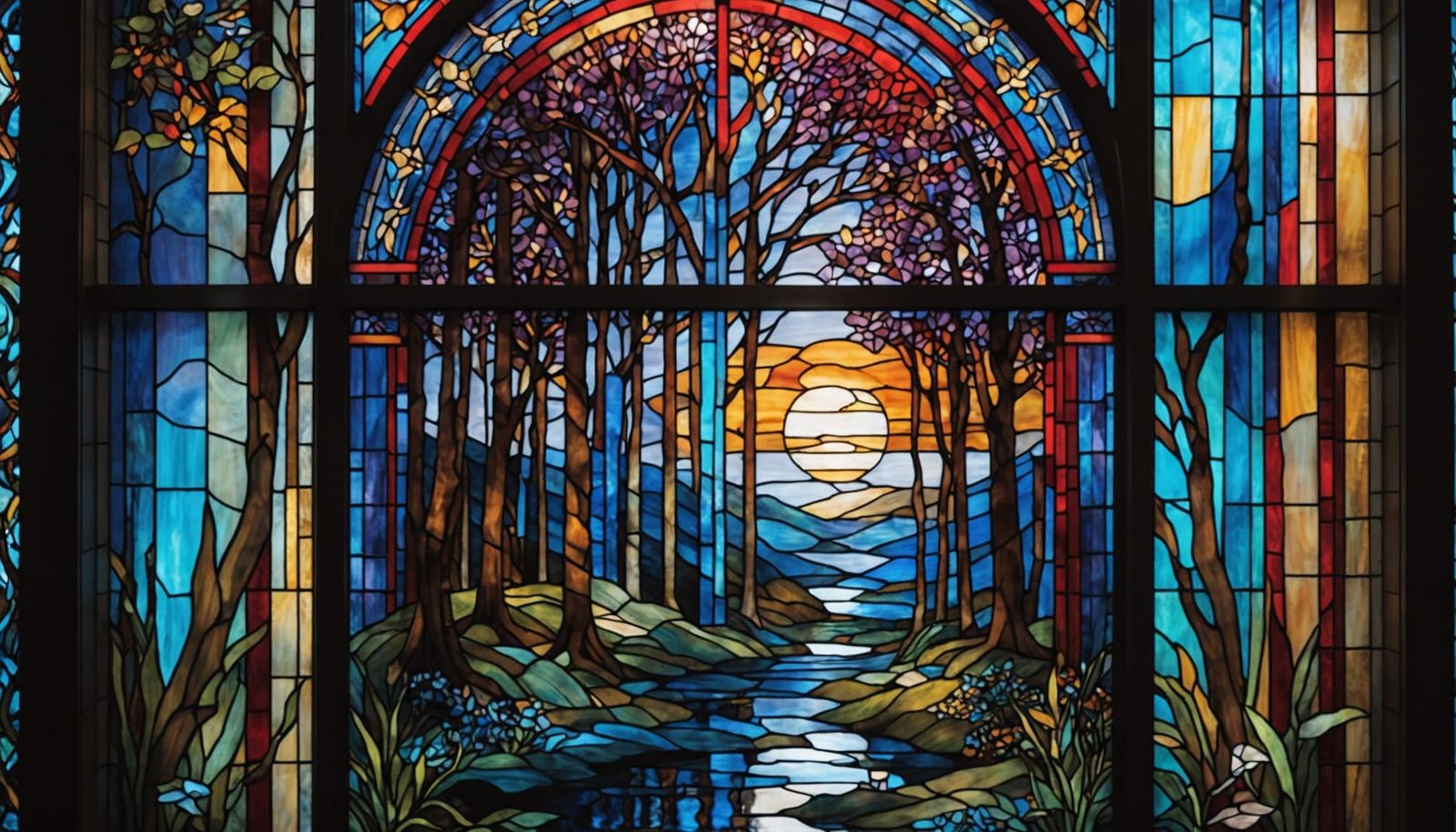 A stained glass window with rich, layered colors of blues, purples, and reds, casting a beautiful glow across a room. Th...