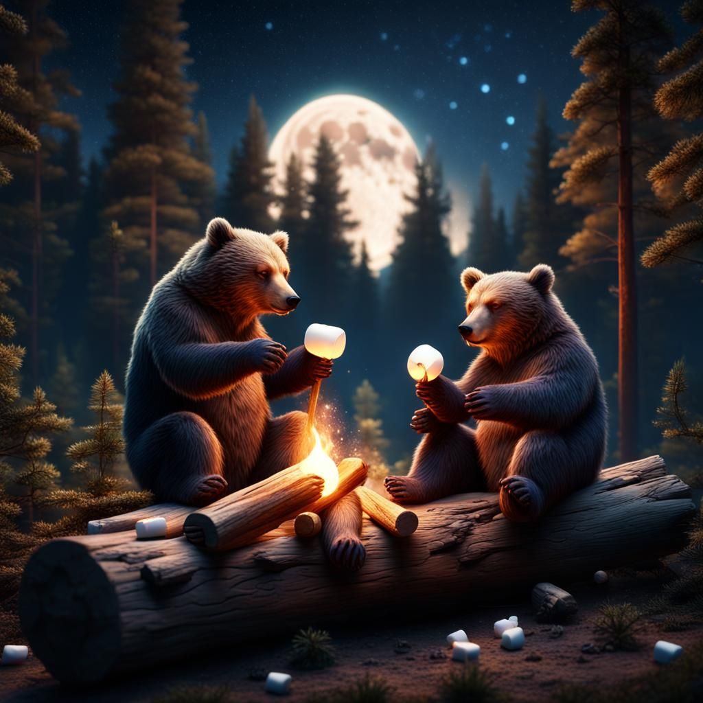 Bears Roasting Marshmallows Under Starry Sky