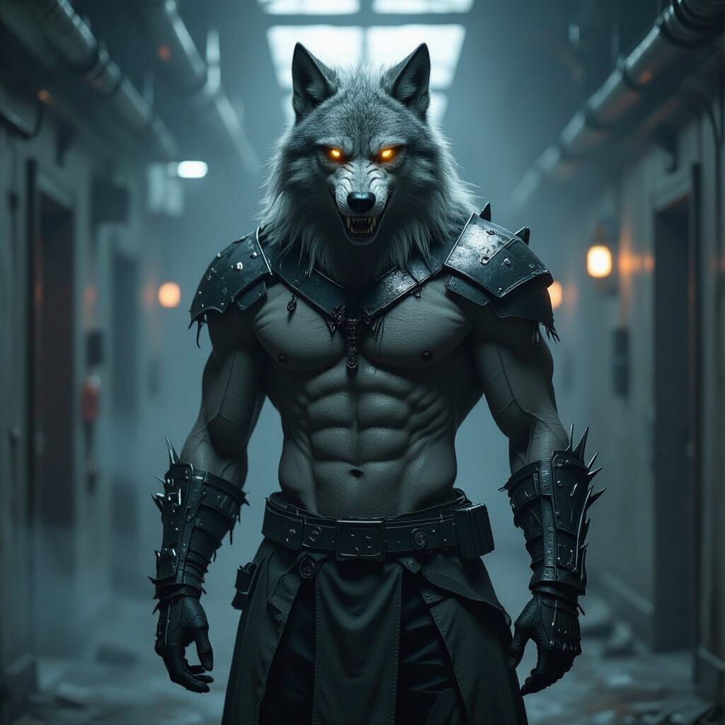 Gothic Horror: Wolf-Rat Humanoid in Dark Corridor