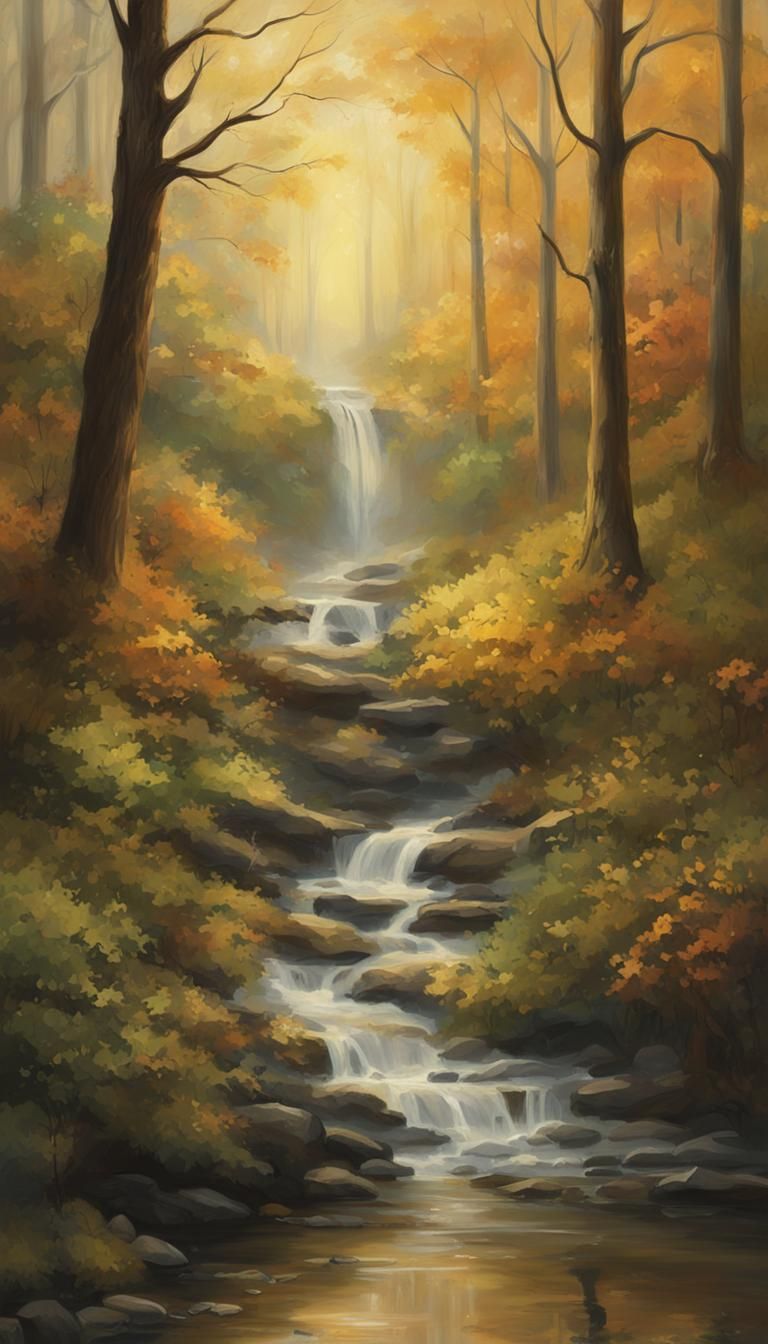 Luminist Waterfall Landscape at Dusk in Autumn