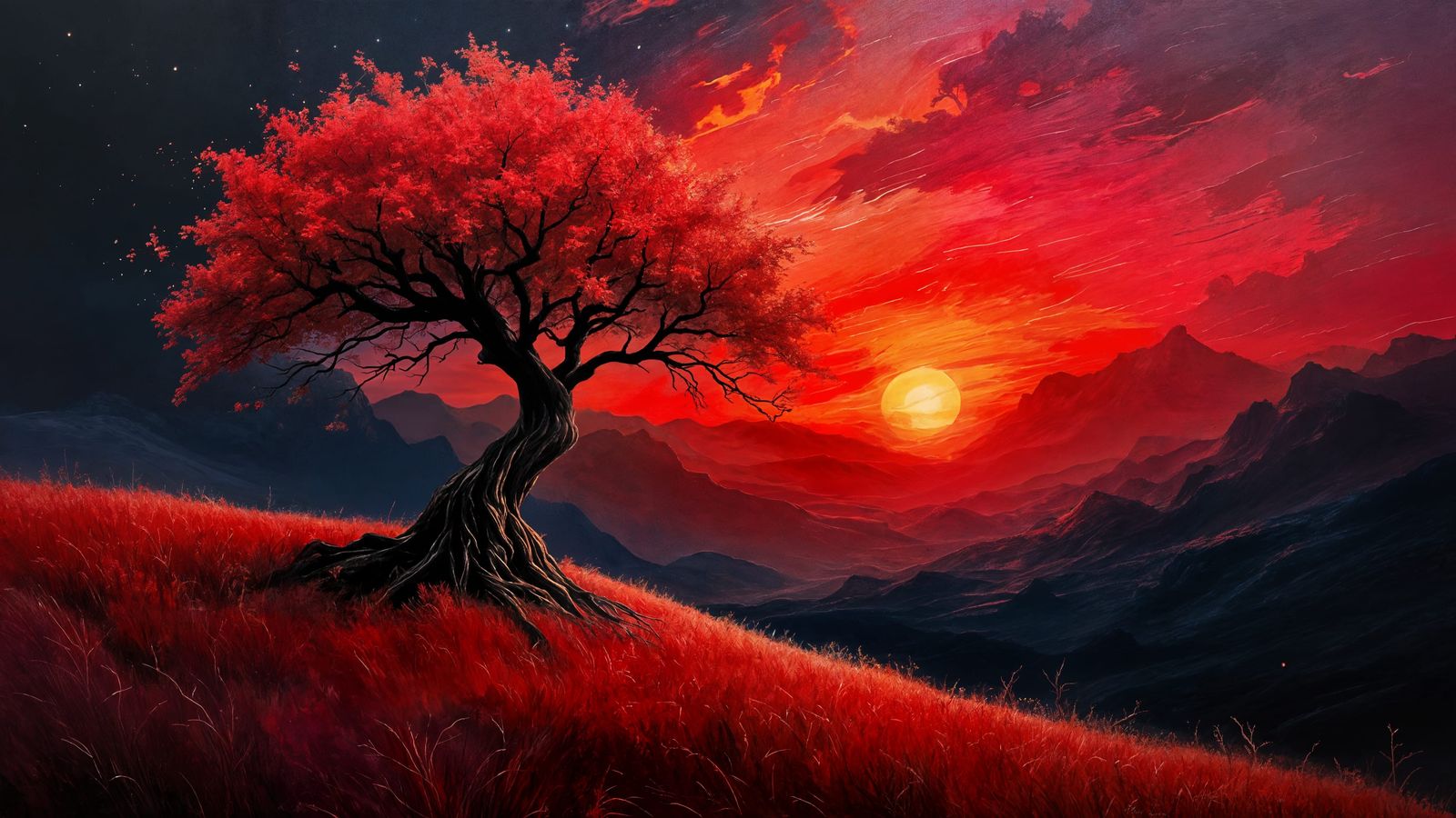 Twisted Tree Silhouetted Against a Dramatic Sunset in Impres...