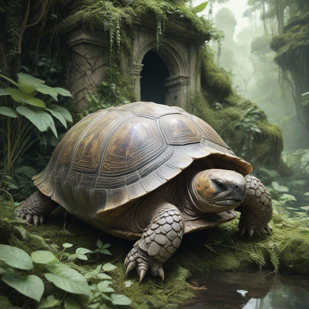 Ancient Tortoise Embarks on Mystical Ruin Odyssey
