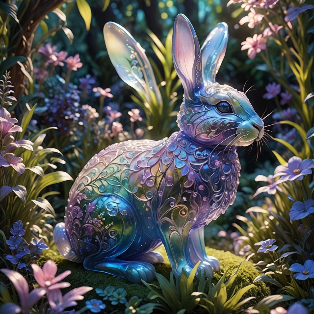 Glowing Glass Rabbit in Fantasy Garden