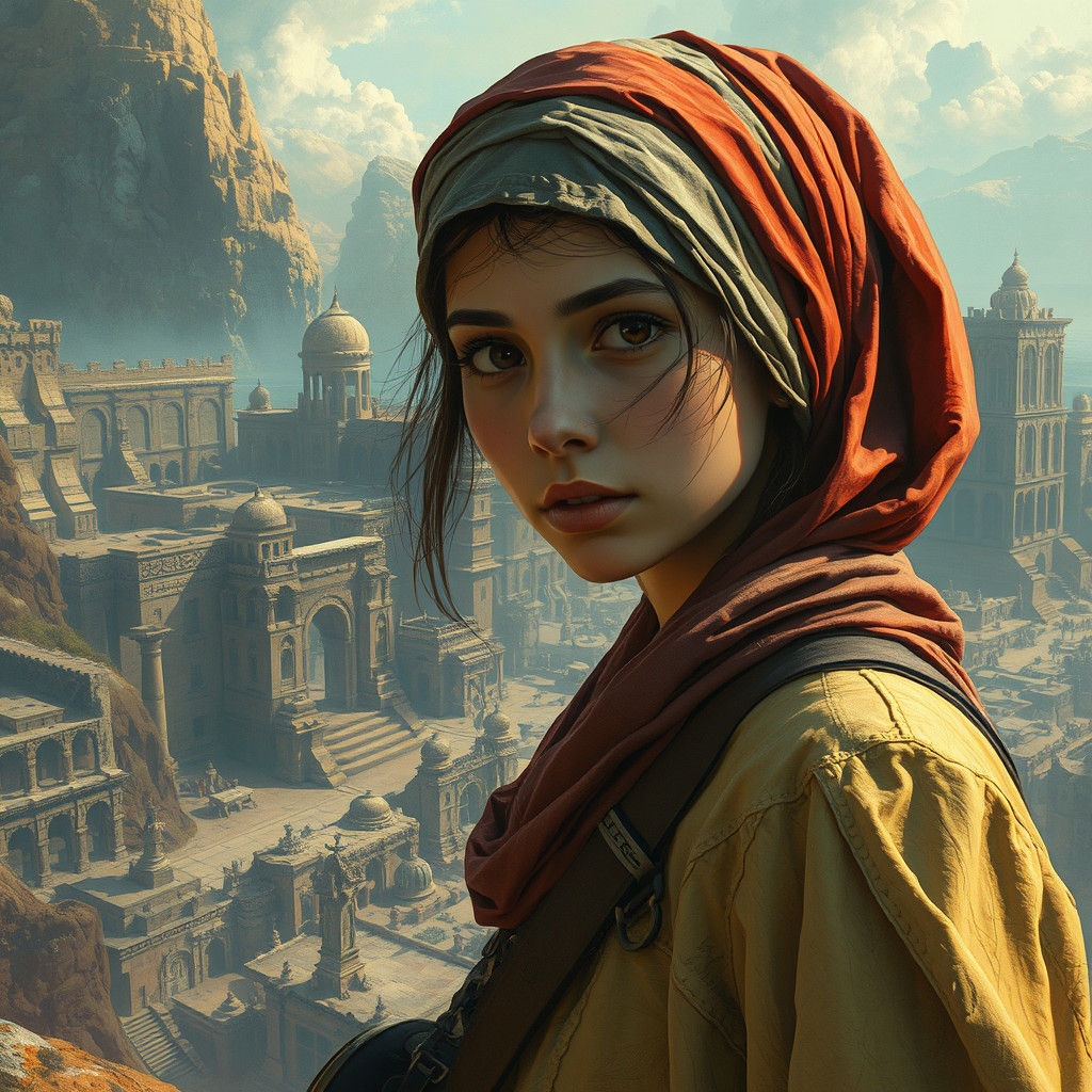 Adventurous Scholar Exploring Ancient Cities: Matte Painting