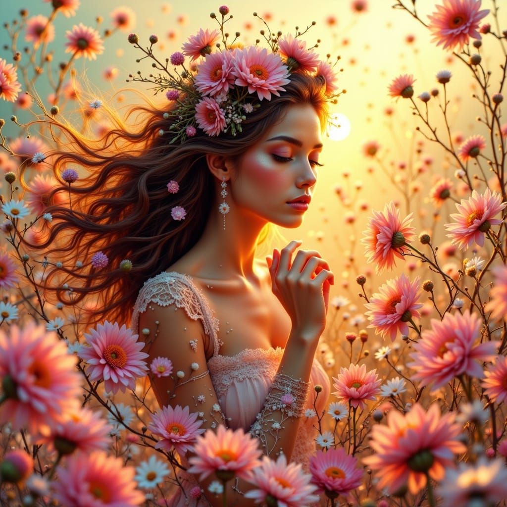 Woman in Sunlight with Flowers, Whimsical Art Style
