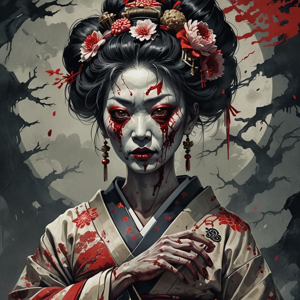 Zombie Geisha with Brains: Dark Fantasy Illustration
