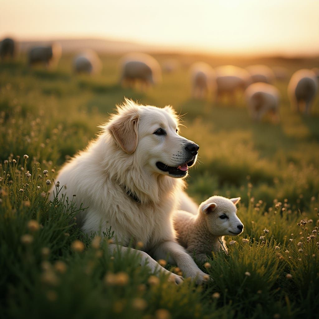 Warm Great Pyrenees Watches Over Flock in Irish Clover Meado...
