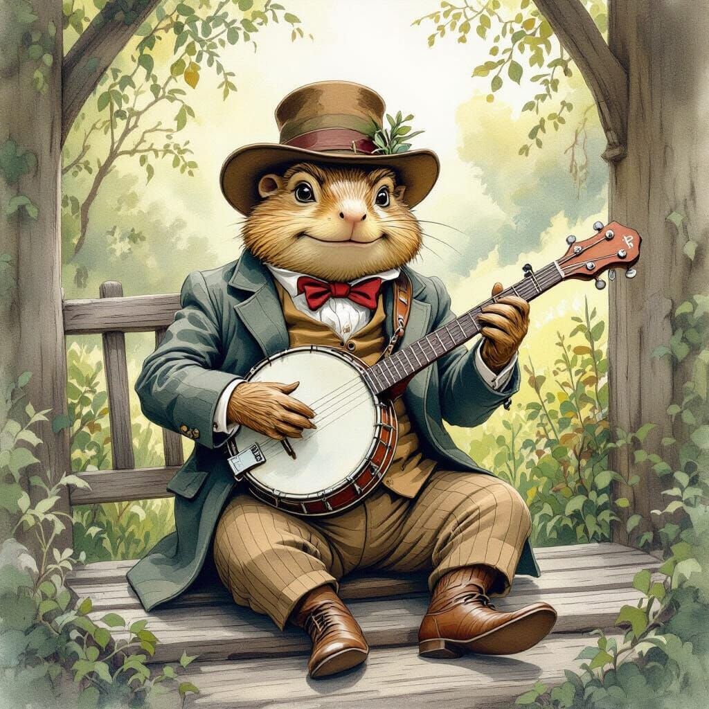 Mr. Toad Plays Banjo in Whimsical Watercolor Style