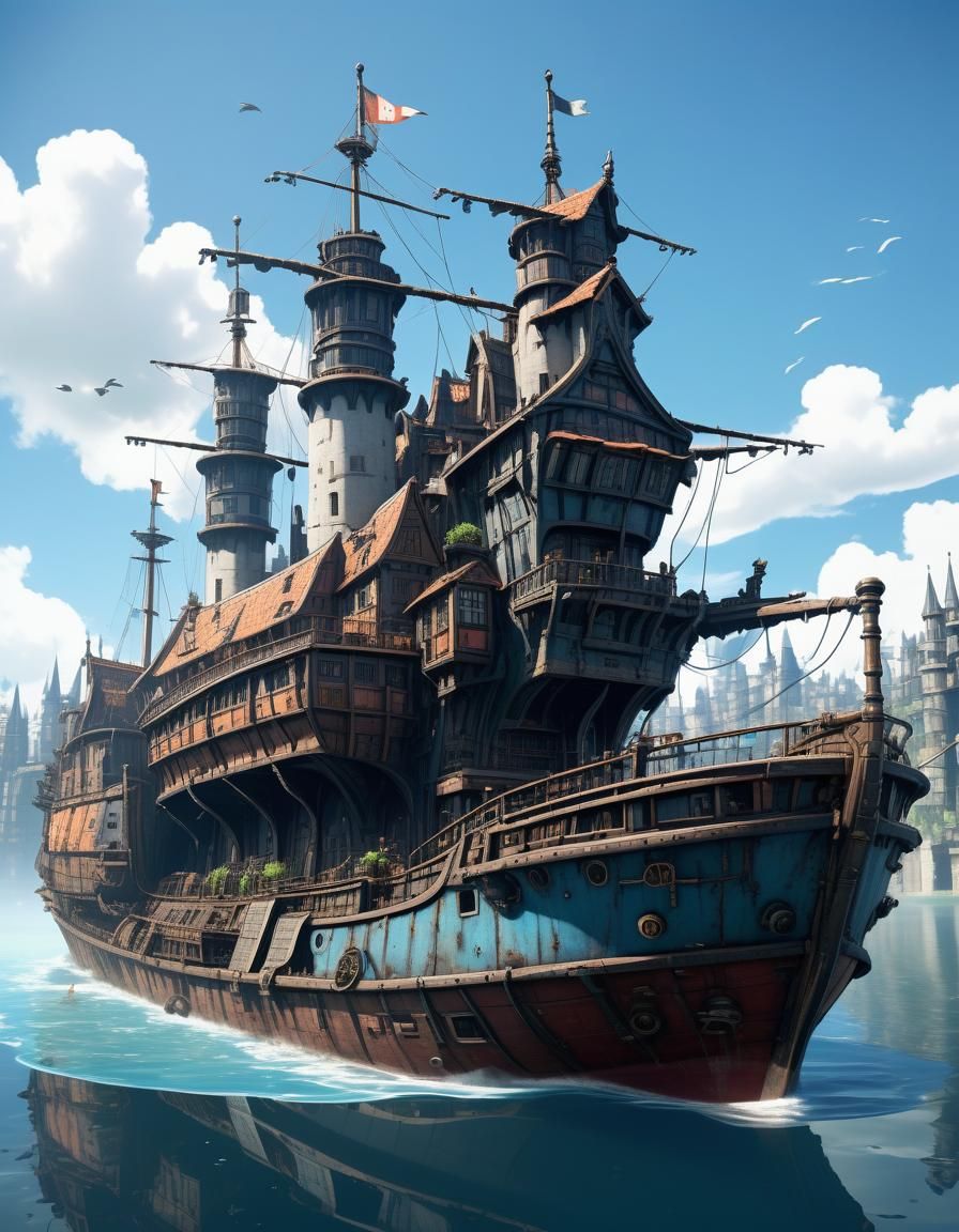 Epic Medieval City Ship in Dieselpunk Ghibli Style
