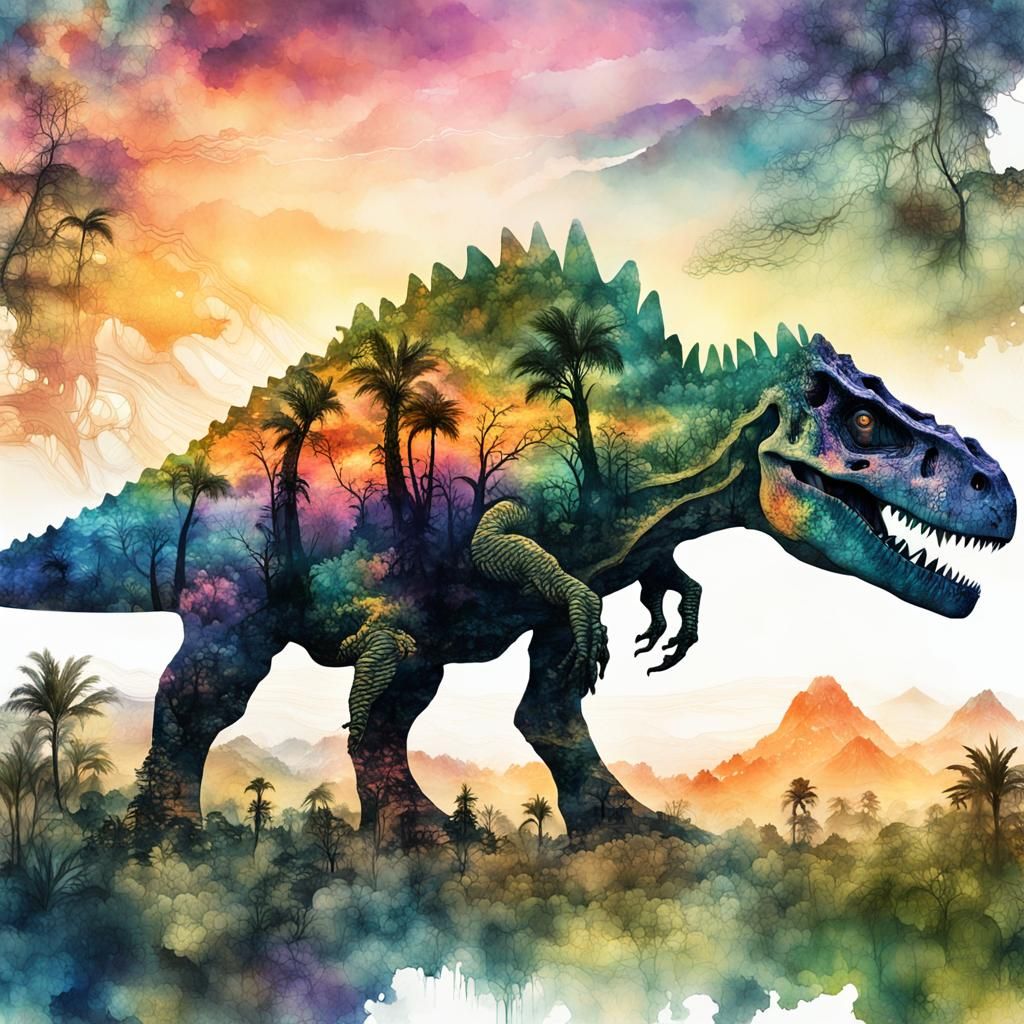 Double Exposure Dinosaur Summerscape in Watercolor Style